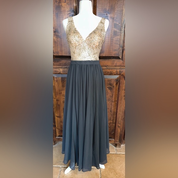 White by Soieblu Gray With Gold & Silver Jeweled Gown Maxi With Leg Slit - Picture 1 of 12